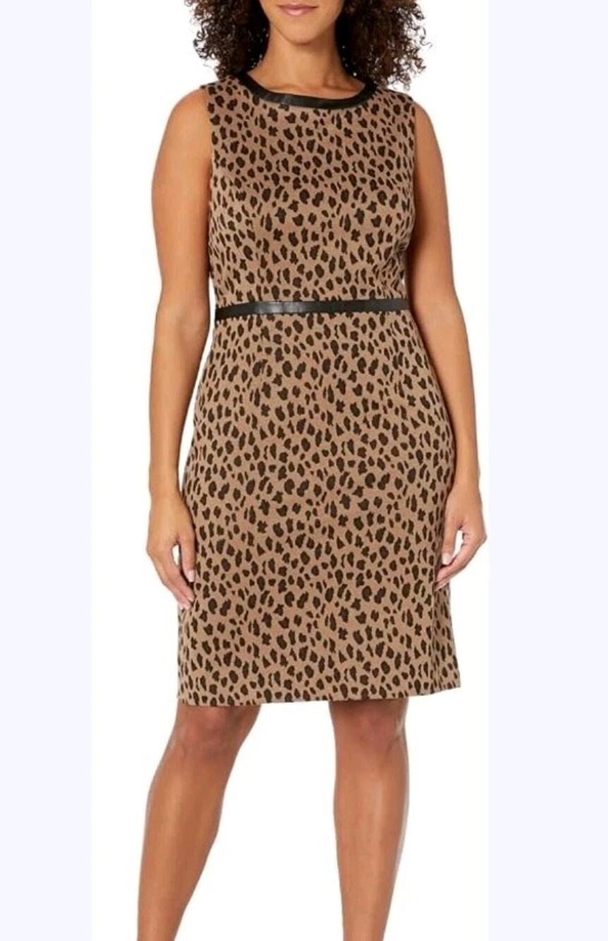 Kasper~Woman Plus Size 16W~Brown Black Leopard Print Sheath Dress Sleeveless NWT